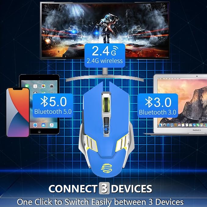 3-Mode RGB Silent Rechargeable Wireless Gaming Mouse Blue | BT5.0/BT3.0+2.4G connection, RGB backlight & quiet click, for gaming office, compatible with Laptop, PC, Mac, iPad & Tablet