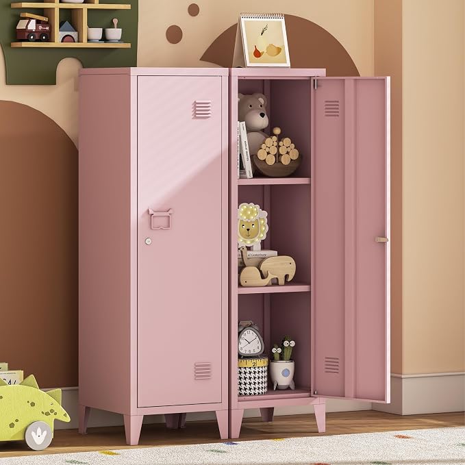 Locker Cabinet, 50" Pink Small Metal Locker Storage Cabinet for Employees with Locking Door and 2 Shelves Kids Locker Tool File Cabinets for Bedroom, Home Office, Garage, Bathroom