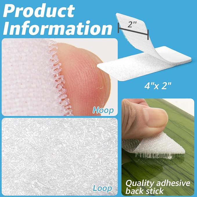Art3d 48 Sets Hook and Loop Tape Sticky Back, 4"x2" Double-Sided Command Adhesive Strip Heavy Duty, White | Double-Sided, Adhesive Strip, Nylon, Picture Hanging Strips Fastener for Mounting Hanging, Glass, Tile, Metal, Home, Office
