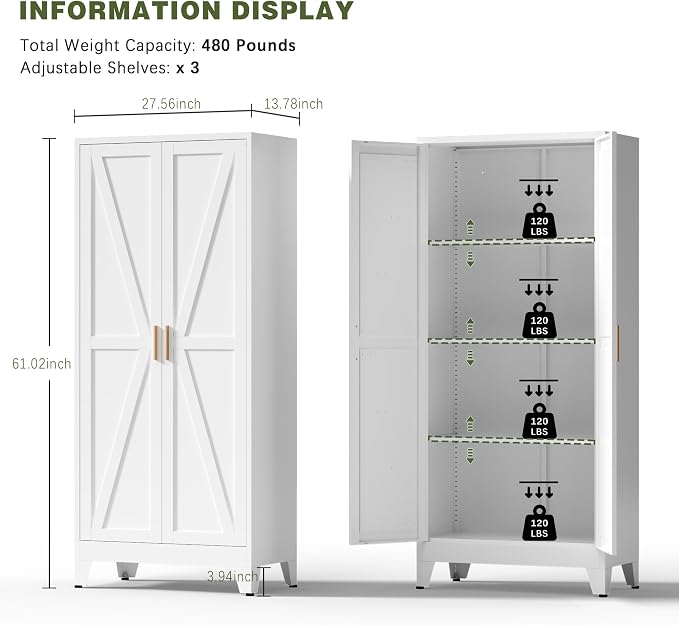 COFaR White Farmhouse Storage Kitchen Pantry Cabinet with 2 Barn Door, 3 Adjustable Shelves and Legs, for Cupboard/Dining Room/Bathroom/Living Room/Office/Laundry Room (White, 61" Farmhouse)