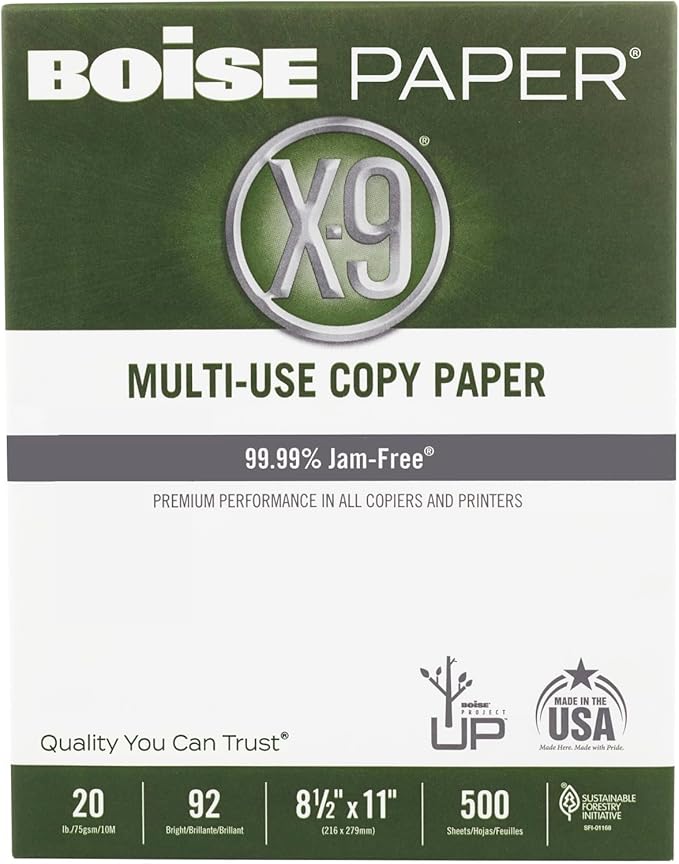 Boise X-9 Multiuse Copy Paper, Letter Size Paper, 20-Lb, Ream of 500 Sheets, Case of 5 Reams