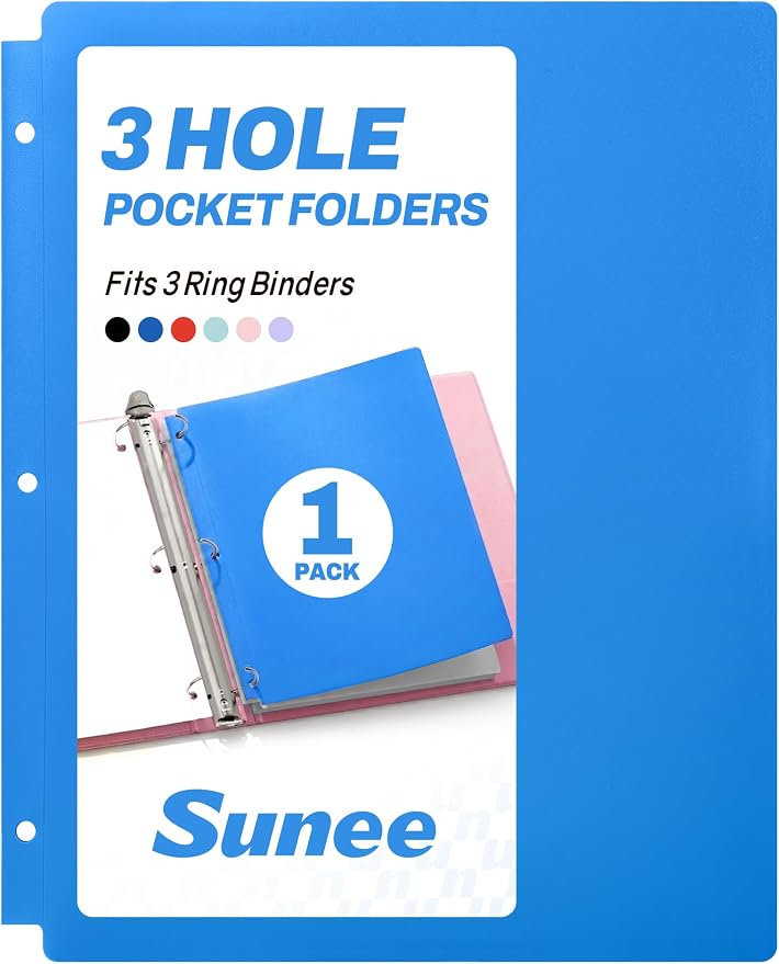 SUNEE 3 Hole Pocket Folders (1 Pack, Blue), Plastic Pocket Folders for 3 Ring Binder, 3-Hole Punched Folder with Pockets, for Kids, Students, Teachers, Office Staff