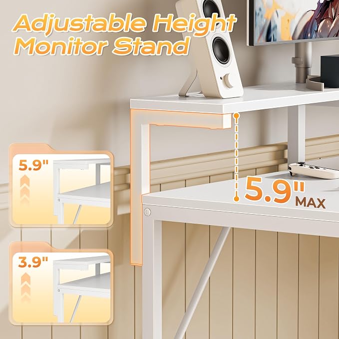 47.2 Inch Gaming Desk with LED Lights & Power Outlets | Computer Desk with Drawer & Storage Shelves, Office Writing Desk with Monitor Stand for Work from Home, White