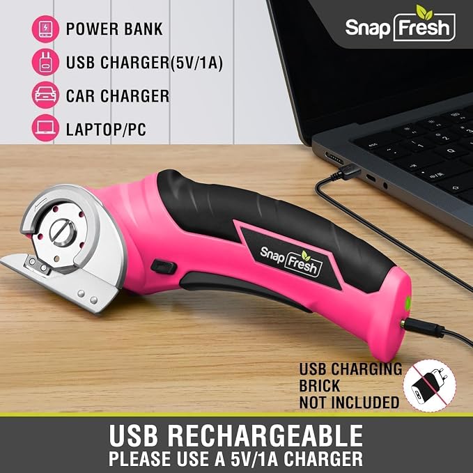 SnapFresh Cordless Electric Scissors, 4V Rechargeable Electric Box Cutter for Cardboard Boxes, Carpet & Paper, Rotary Cutter for DIY Projects, Safety Box Cutter with Battery & Type-C Cable (Hot Pink)