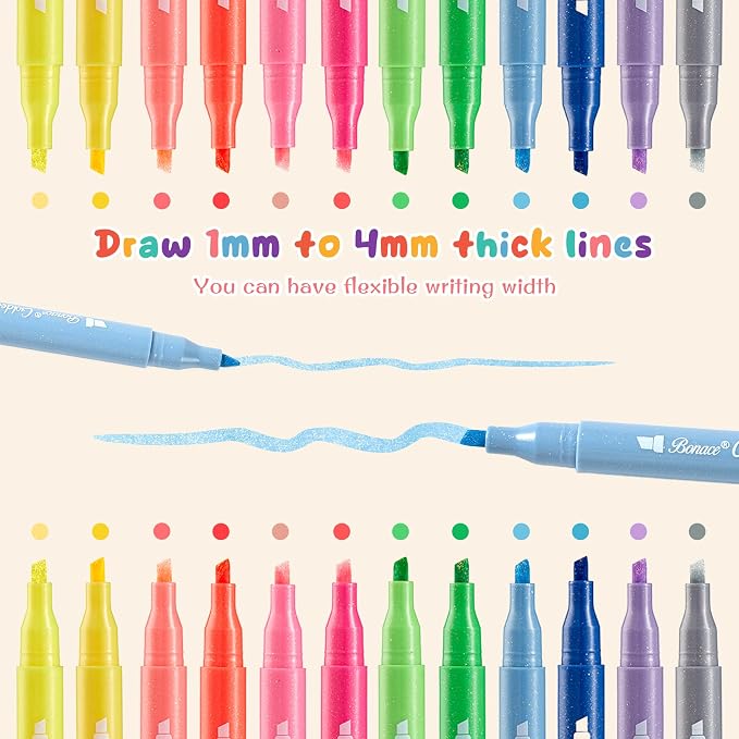 Gold Glitter Highlighters, 12 Colors, No Bleed Chisel Tip Marker | Quick Dry for Bible, Journals, Planners, Scrapbooks & DIY Crafts