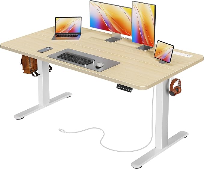 Huuger Electric Standing Desk with Power Outlets and USB-C Port, 55 X 24 Inch Height Adjustable Desk, Sit Stand Desk for Home Office, Computer & Gaming Desk with 4 Presets, Stable Steel Frame, Marple