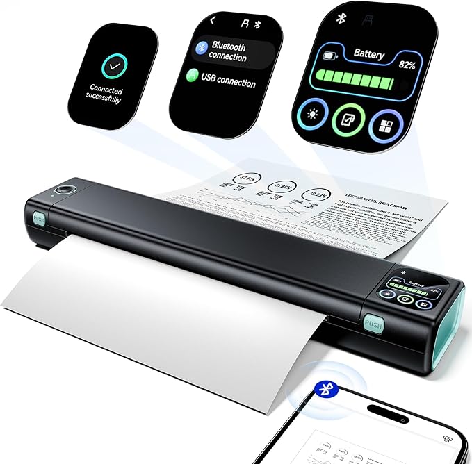 Phomemo Portable Printer with Touchscreen, Upgraded M08D Bluetooth Wireless Thermal Inkless Printer, Supports 8.5"x11" US Letter & A4, Compatible with iOS, Android, PC for Travel, Black