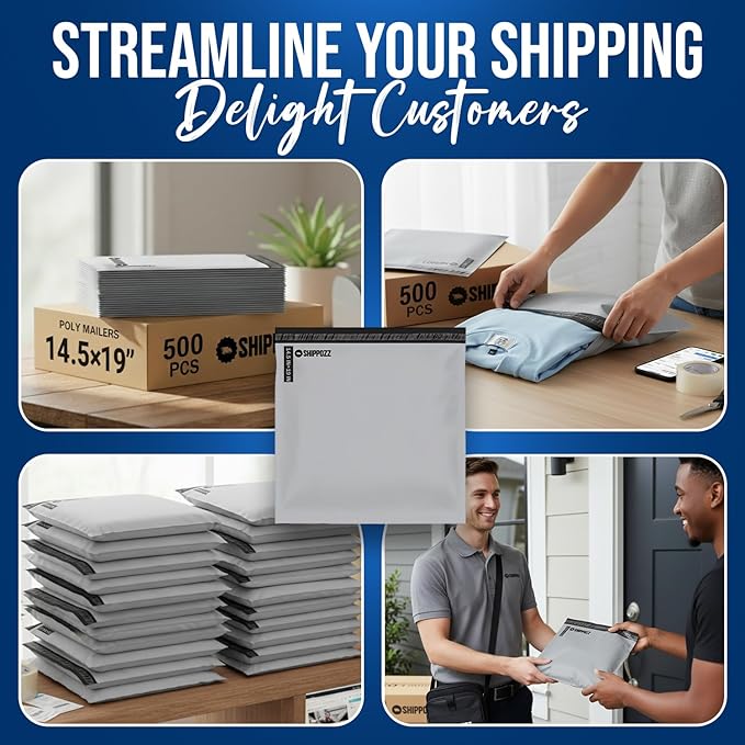 Shippozz 14.5x19 Poly Mailers 500 Pack, Durable Waterproof Polymailers for Shipping Clothes, Self Seal Mailing Bags for Small Business Packaging Supplies, Mailing Envelopes for Books, and Accessories