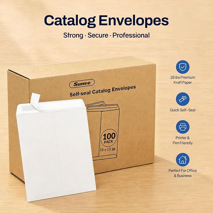 SUNEE 10 x 13 Self Seal Catalog Envelopes, 28lb White Security Mailing Envelopes, Ultra Strong Quick-Seal for Documents, Office & Business Use, 100 Pack