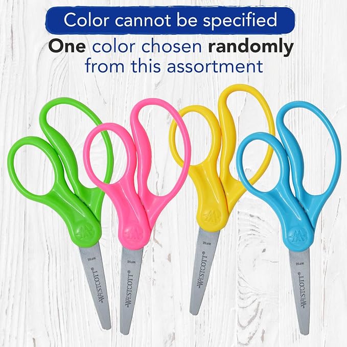 Westcott Right & Left-Handed Scissors For Kids - Back to School Essentials, Classroom Must Haves, Art Supplies - 5-Inch Pointed Safety Scissors - Assorted Colors - 1 Pack (13131)