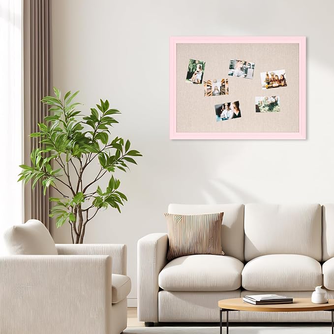 DOLLAR BOSS Bulletin Boards with Linen, 36"x24" White Cork Board, Pink | Corkboards for Walls, Framed Pin Board, Picture Display Vision Board, For Office Home School Girls Dorm Decor, 10 Pushpins