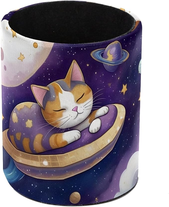 Leather Pen Holder for Desk, Planet Cat Pencil Cup Pen Organizer Makeup Brush Holder for Office Home Kids Countertop Desk Accessory Storage