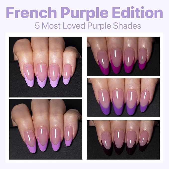 SXC Cosmetics French Tip Press On Nails 150 Pieces in 15 Sizes Ultra Fit with Pre-applied Tip Primer and Base Coat, No Need to File Fake Nails for Nail Art DIY X-Pro Tips (5PURPLE115-M Almond)