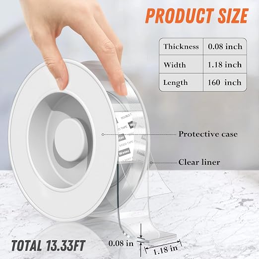 Wotec Extra Large 1.18 in x 160 in Double Sided Tape Heavy Duty Removable | Clear & Tough Nano Tape, Multipurpose Mounting Tape Picture Hanging Strips Adhesive for Poster Carpet