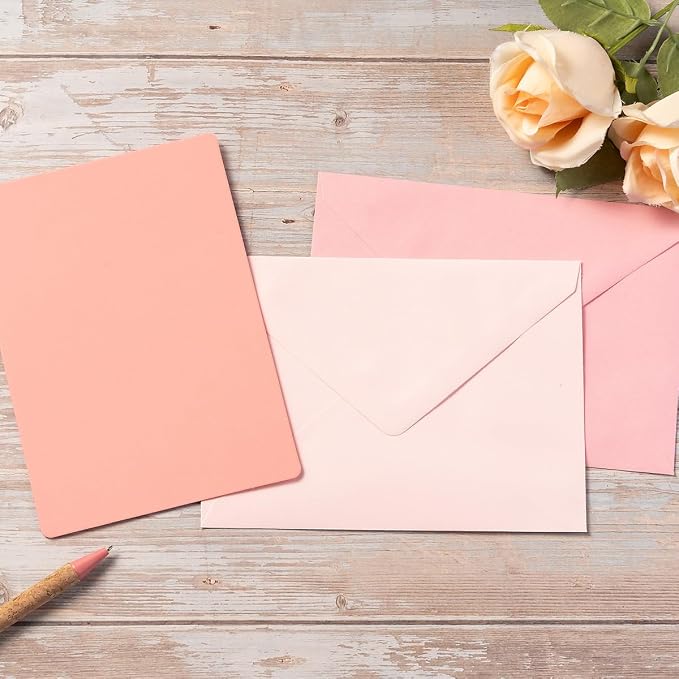 25 Pieces A7 Colored Envelopes with Cards and Stickers Set, Pink 5Colors | 5x7 inches Envelopes For Weddings, Invitations, Birthday, Baby Shower