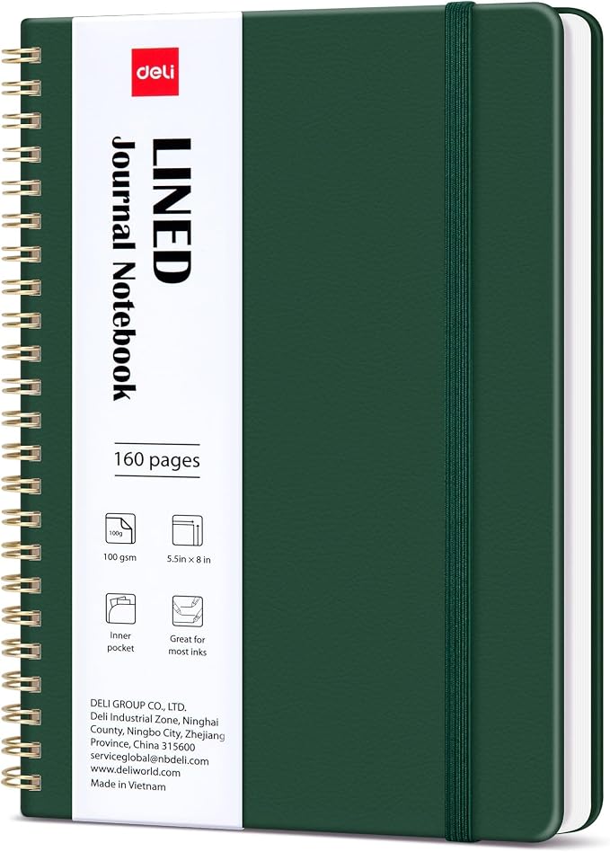 deli Dark GreenLined Spiral Journal Notebook, 160 Pages, A5 (5.5"x8") Hardcover Writing Notebook, College Ruled Spiral Bound Journal for Women & Men - Perfect for Work, School, Office & Note Taking