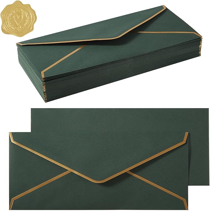 50 Pack #10 Business Envelopes with Gold Border, Self Seal Standard Envelopes with Gold Stickers for Office, Checks, Letter Mailing, Invoices, 4 1/8 x 9 1/2 Inches (Dark Green)