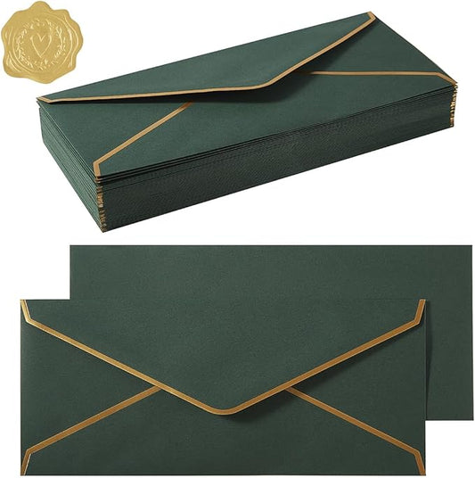 50 Pack #10 Business Envelopes with Gold Border, Self Seal Standard Envelopes with Gold Stickers for Office, Checks, Letter Mailing, Invoices, 4 1/8 x 9 1/2 Inches (Dark Green)