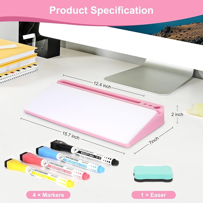 Desktop Glass Whiteboard with Storage, Desk Dry Erase White Board Pink | Computer Keyboard Stand, Office Desk Organizers and Accessories with Drawer, To Do Memo Notepad, Home School Supplies