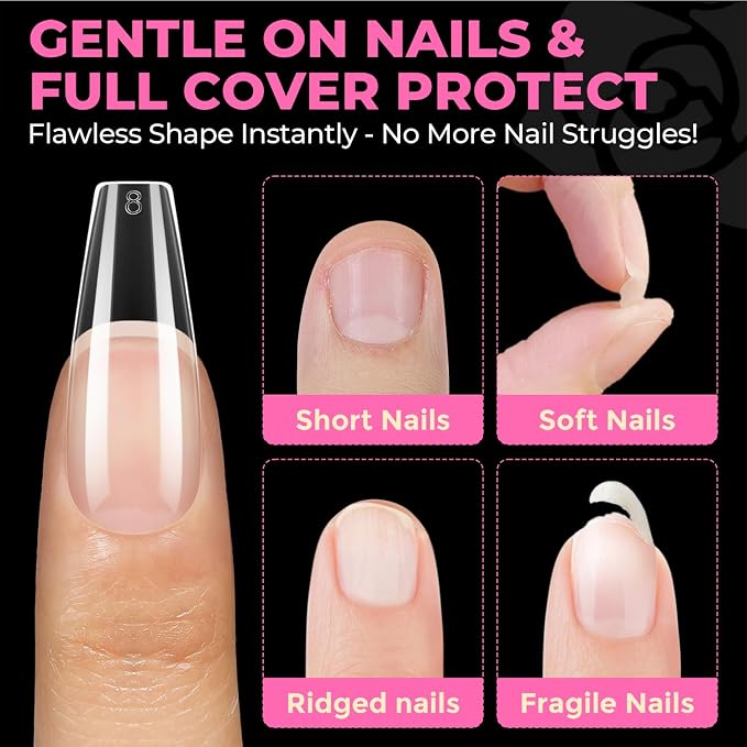 UNA GELLA Long Coffin Nail Tips 504pcs Pre-Shape Half Matte Fake Nails | Full Cover Clear Gel Nail Tips Long Coffin Press On Nails Home DIY Extension 12 Sizes