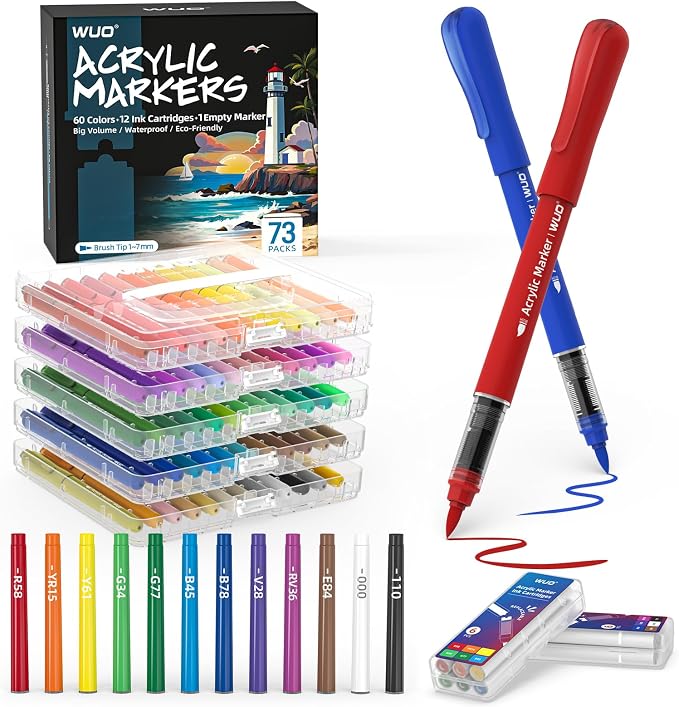 WUO 60 Colors Acrylic Paint Markers, Water-Based No-Bleed Brush Tip Pens | Automatic Ink Control, Smooth Flow on Rock, Wood, Glass, Fabric, Canvas, Paper, Includes 12 Replaceable Ink Cartridges