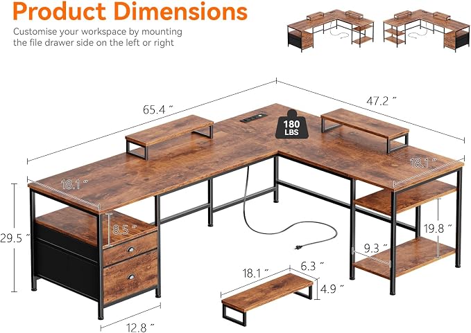Furologee 66” L Shaped Desk with Power Outlet, Reversible Home Office Desk with File Drawer, 2 Monitor Stands, Storage Shelves, Corner Computer Table for Gaming, Writing, Rustic Brown
