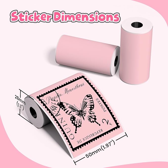 Phomemo Pink Self-Adhesive Thermal Paper, Glossy Printable Sticker Paper for Phomemo T02/T02Pro/Q02E/M02X/Y02C/Q02 Mini Sticker Printer, 50mm x 3.5m, Diameter 28mm, 3-Rolls, Image Time 20 Years