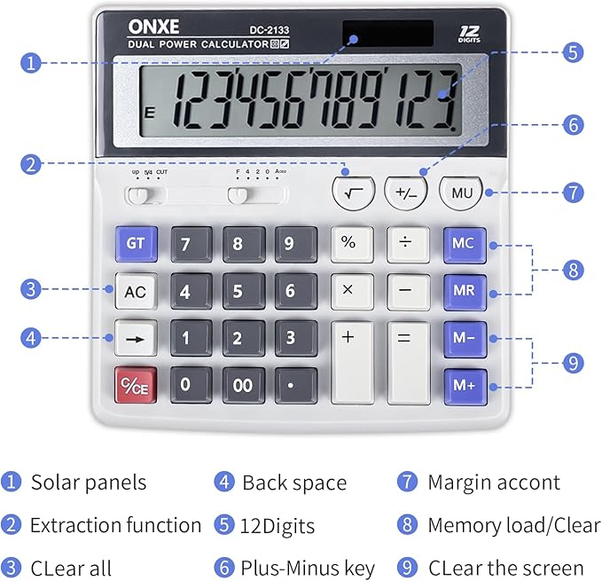 ONXE 12 Digit Desk Calculator,Calculators Desktop with Extra Large 4.9" LCD Display & Big Buttons, Solar & Battery Dual Power, Standard Basic 4 Function Office Calculator for Financial, Home Daily Use