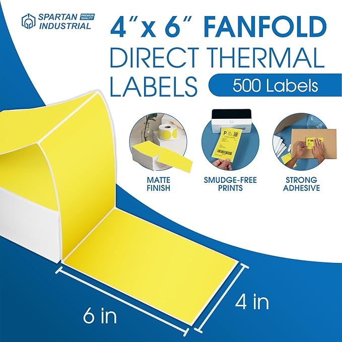 Spartan Industrial - 4" X 6" Yellow Direct Thermal Fanfold Labels (500 Count, 1 Stack) - Printable Postage Shipping Labels, Package Identification - Compatible with Zebra and Rollo Printers