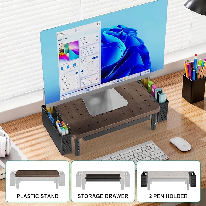 WALI Computer Monitor Stand with Storage and Pen Holder | 3 Height Adjustable Desk Organizer with Drawer, Desk Laptop Monitor Riser for Computer, Printer(PTT003-C), 1 Pack, Brown