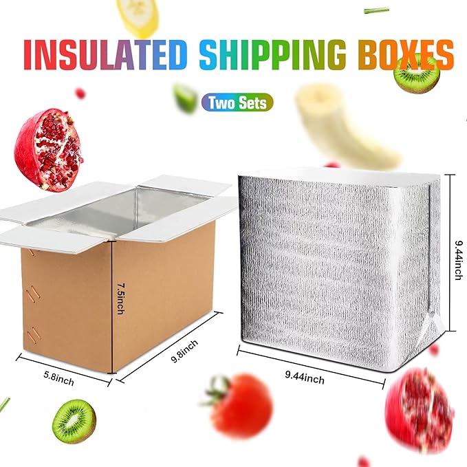 2 Pack Hot & Cold Double Insulated Shipping Box with Aluminum Foil Insulated Bag Liner, Reusable Hot & Frozen Food Delivery Insulated Carton for Shipping, Mailing, Packing, 9.8x5.8x7.5 Inch