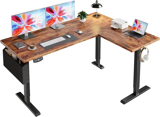 Korfile 63" L Shaped Standing Desk, Height Adjustable, LED, Memory Presets | Reversible, Ergonomic Sit to Stand Computer Desk with Headphone Hook for Home, Office and Workstation, Brown