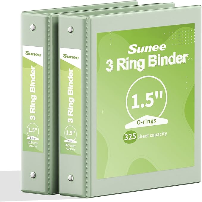 SUNEE 3 Ring Binder 1.5 Inch 2 Pack, Clear View Binder Three Ring PVC-Free (Fit 8.5x11 Inches) for School or Office Supplies, Sage Green