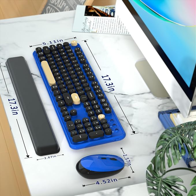 Retro Wireless Keyboard and Mouse Combo with Wrist Rest (Klein Blue) | COVEVA Aesthetic Typewriter Style, Full-Size Clicky Tactile Floating Round Keys, 2.4GHz Ergonomic Set for Mac, Windows