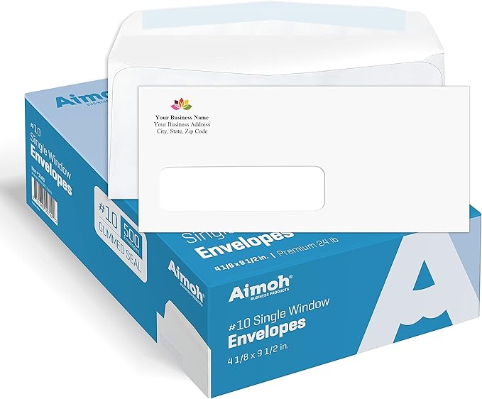 Aimoh 2500#10 Custom Printed Single Left Window Envelopes - Text and Logo Customization - Gummed Closure - Size 4-1/8x9-1/2 Inches -24LB-2500 Count (7-35410-2500)