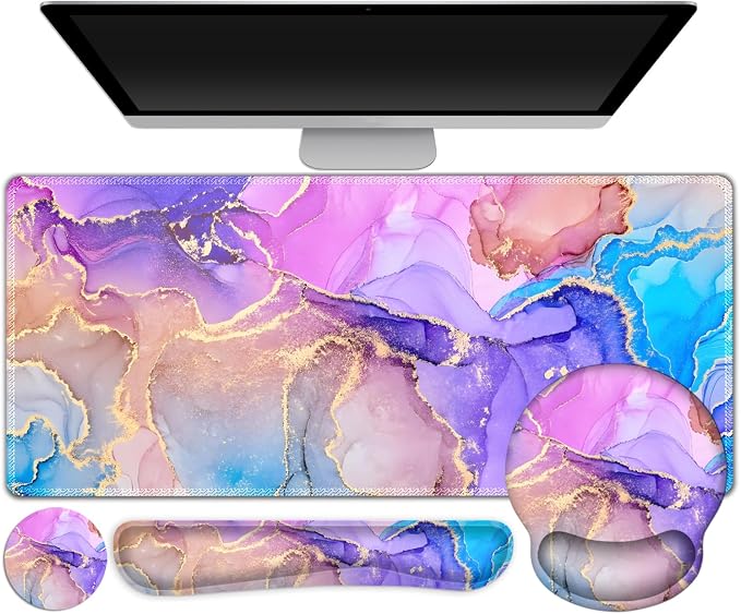 Gaming Mouse Pad, 4in1 XXL Mousepad Large Desk Mat, Cute Desk Pad Protector | Keyboard Wrist Rest+Mouse Wrist Rest+Coaster Set with Ergonomic Desk Pad for Home Office PC Computer, Colorful Marble
