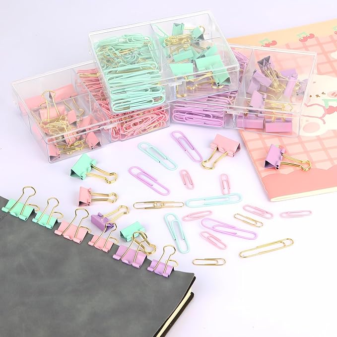 Cute Paper Clips Binder Clips Combo Set, 165 Psc, Assorted Size Paper Clips for Office, Cute Office Supplies Set, Purple