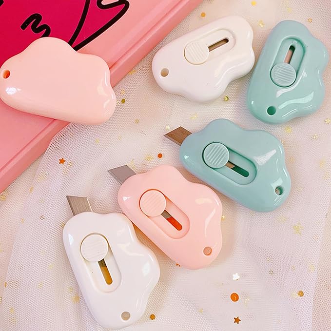 Box Cutters Retractable, 3 Pack Retractable Letter Opener, Adorable Cloud Tiny Letter Opener Envelope Slitter for Key Chain Pocket Bag Package Envelope Mail Letter Box, 2.24 * 1.5 * 0.55inch