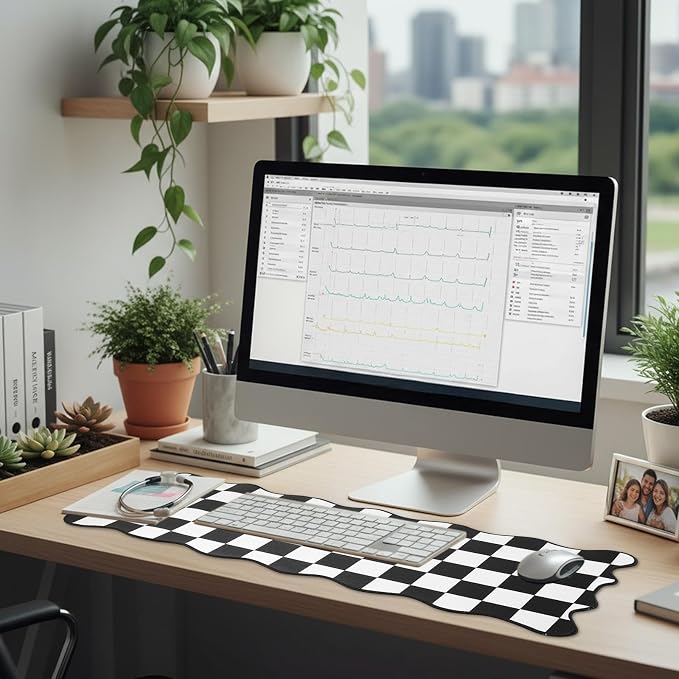1 Pcs Black Scalloped Checkered Desk Mat 31.5 x 11.8 Inch Large Cute Mouse Pad Computer Mat Non Slip Waterproof Rubber Base with Border Stitching Soft Keyboard Pad for Home Office Gaming Makeup