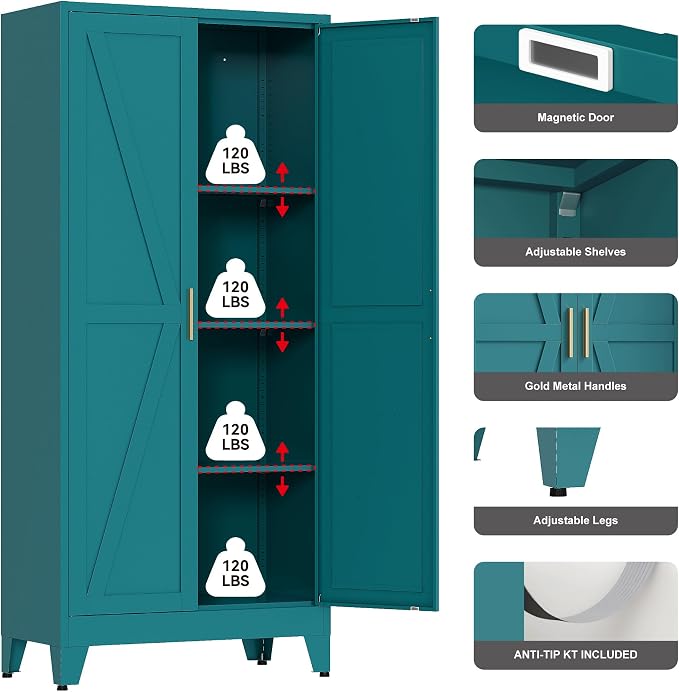 QINPTWUT 61" Metal Storage Cabinet, 4-Tier Kitchen Pantry with 3 Adjustable Shelves, Farmhouse Design Freestanding Cupboard for Kitchen, Bathroom, Laundry, Garage, Blue