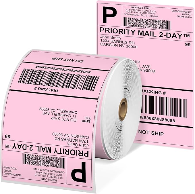 Phomemo 4x6 Thermal Label Printer Paper - 500 PCS Pink 4"x6" Labels Roll Shipping Supplies Labels - Water/Oilproof Stickers - Permanent Adhesive Thermal Shipping Label for Ship Packages