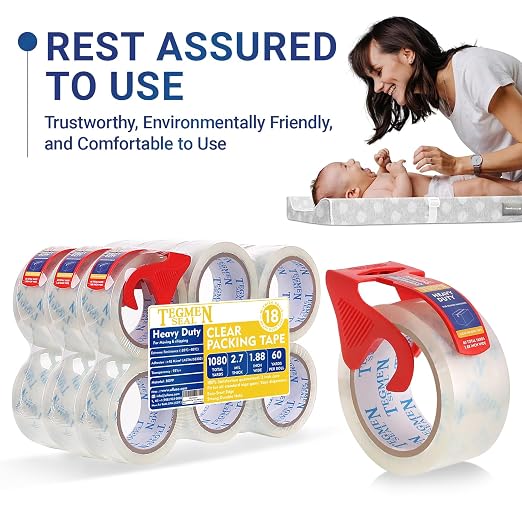 Heavy Duty Clear Packing Tape with Dispenser Combo for Shipping, Moving & Storage,Thicker Clear Packing Tape, 1.88 inches Wide, 60 Yards Per Roll, 18 Pack 1080 Total Yards
