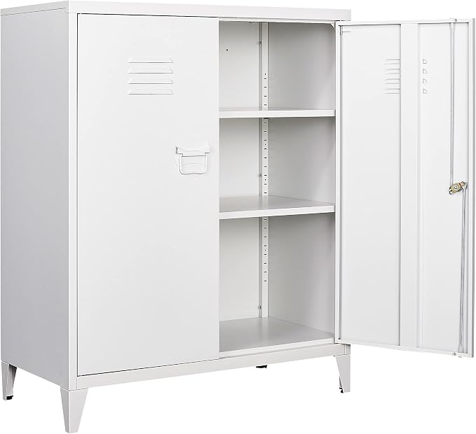 White Metal Cabinet with Doors and Shelves,40" Metal Storage Cabinet with Lock Door Adjustable Shelf,File Cabinets for Home Office,School,Kitchen,Garage Storage Tool Cabinets