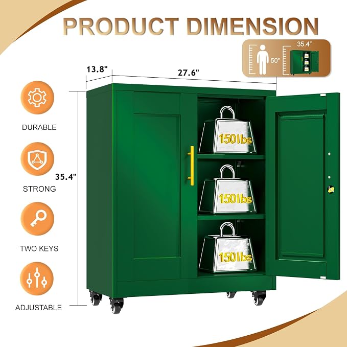 36" Metal File Garage Storage Cabinet with Lock and Wheels,Rolling Steel Locker Organizer,Office File Cabinet with 2 Doors and 2 Adjustable Shelves,Tool Cabinets for Home Office,Gym,School (Green)