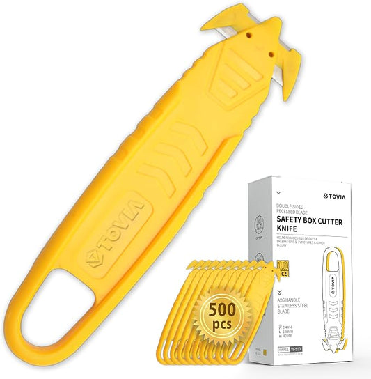 Safety Box Cutter 500 Pcs Safety Utility Cutter - Yellow | Package Opener, Use For Cartons, Cardboard, Wrap, Straps, Film