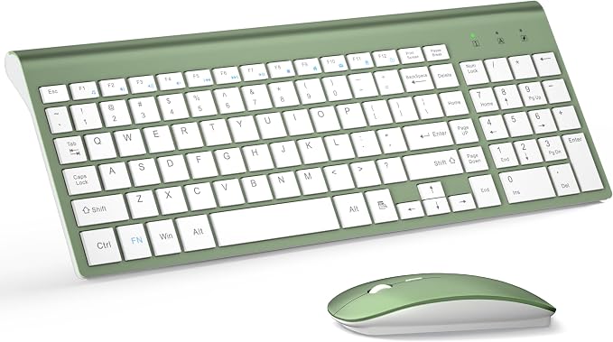 Wireless Keyboard and Mouse Ultra Slim Combo, TopMate - Green White | 2.4G Silent Compact 2400DPI Mouse and Scissor Switch Keyboard Set with Cover, Batteries Included, for PC/Laptop/Windows/Mac