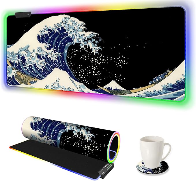 RGB Gaming Mouse Pad Large, AIMSA Keyboard Led Mousepad Extended 35.4 x 15.8 inch Non-Slip Rubber Base with 14 Lighting Modes, Big Desk Mat Waterproof, Big Waves