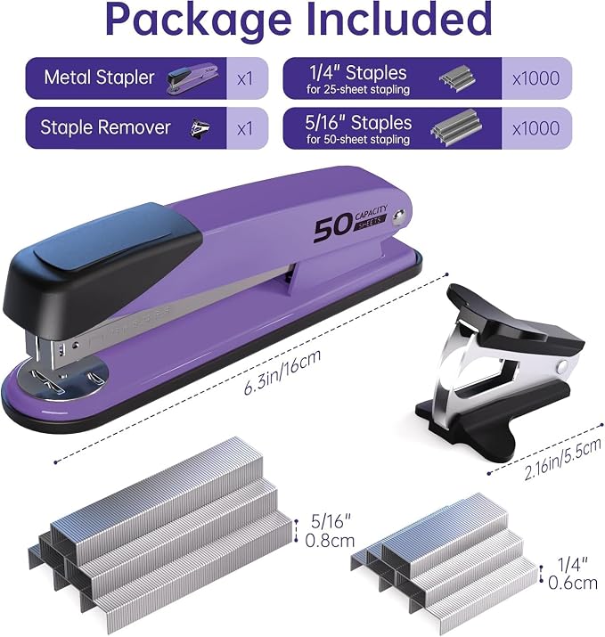 Metal Stapler Heavy Duty for Desk - 50 Sheet Capacity with 2000 Pieces 1/4", 5/16" Staples and Staple Remover, No Jam, Non-Slip, Stapler Heavy Duty for Classroom and Office, Purple