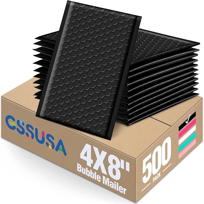 GSSSUSA Bubble Mailers 4x8 Inch 500 Pack Padded Envelopes Usable Size 4x7 Inch Shipping Envelopes Self Seal Small Packaging Shipping Bags for Mailing Jewelry, Small Business, Black