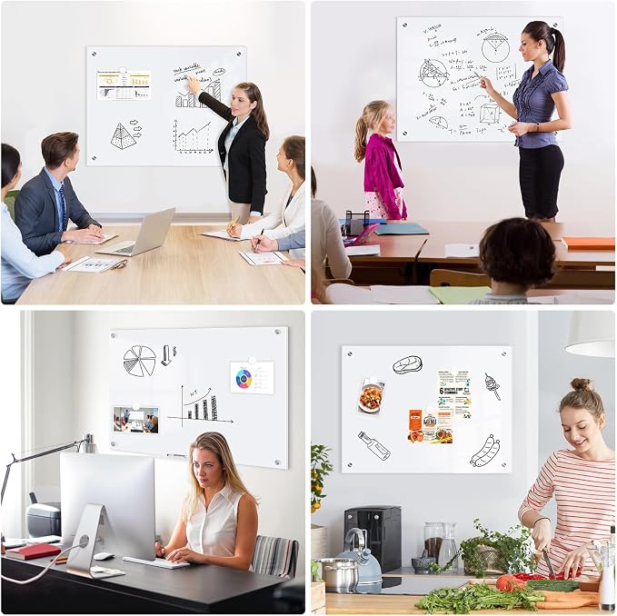 Magnetic Glass Whiteboard, 4' x 3', Frameless Wall Mount, Ultra White | 48" x 36", Large Glass Dry Erase Board for Wall, Includes 1 Marker Tray, 6 Magnets, White Board for Office, Home, Classroom